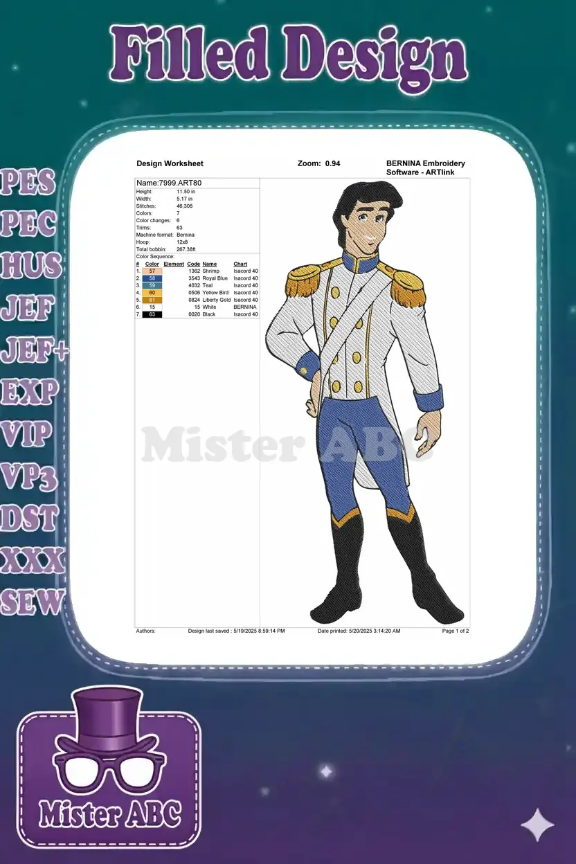 Embroidery design worksheet for Prince Eric, detailing dimensions, stitch count, color sequence, and machine format.