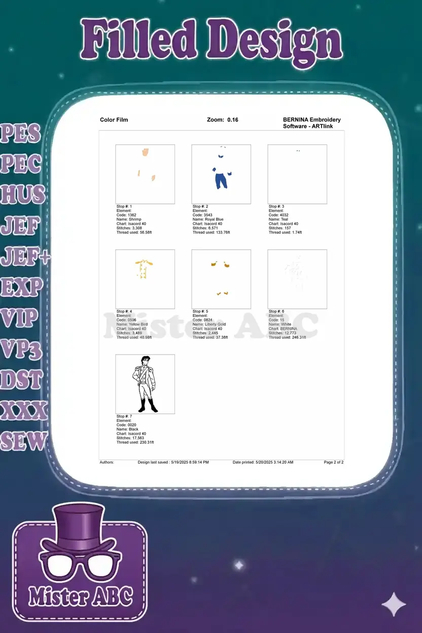 Color film breakdown for Prince Eric embroidery, showing individual stitch elements and thread usage by color.