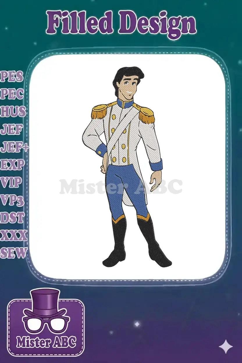 Full-body embroidery design of Prince Eric in his royal uniform, featuring blue pants, white jacket, and gold accents.