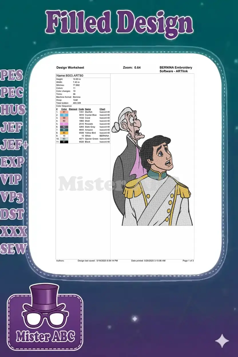 Embroidery design worksheet for "8003.ART80" detailing dimensions, stitch count, colors, and thread usage.