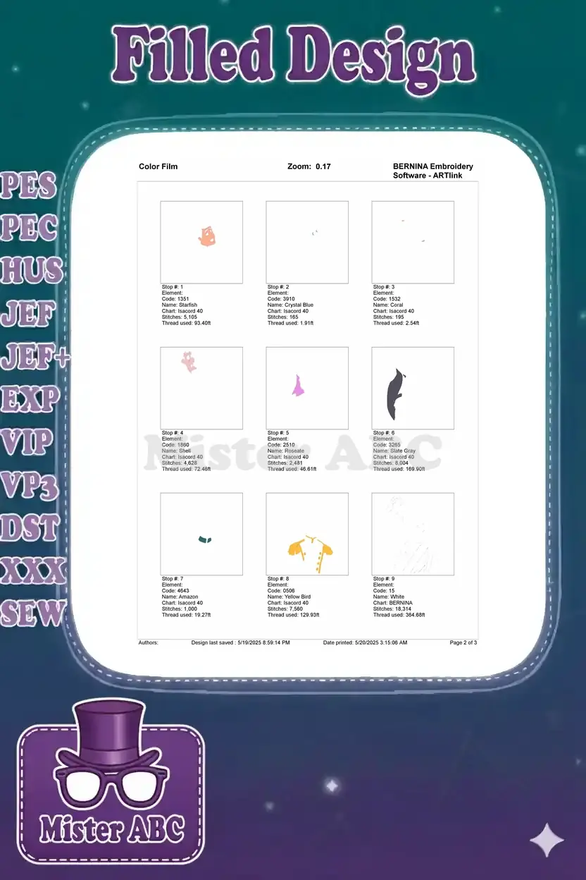 Color film sheet, page 2 of 3, showing individual embroidery elements and their stitch order for colors 1-9.