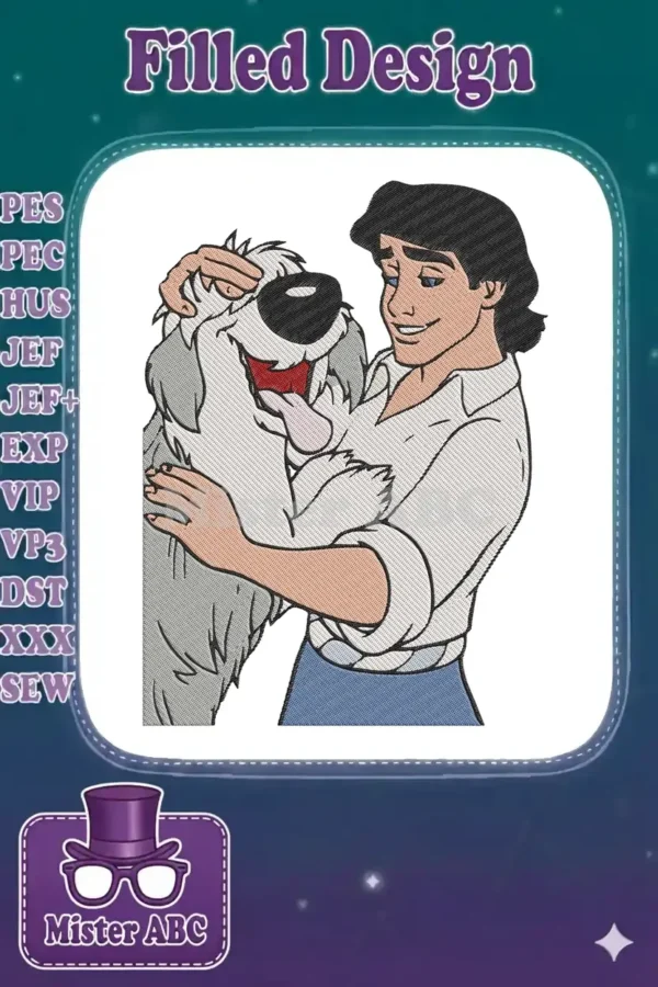 Detailed embroidery design of Prince Eric gently petting his shaggy dog, Max, from Disney's The Little Mermaid.