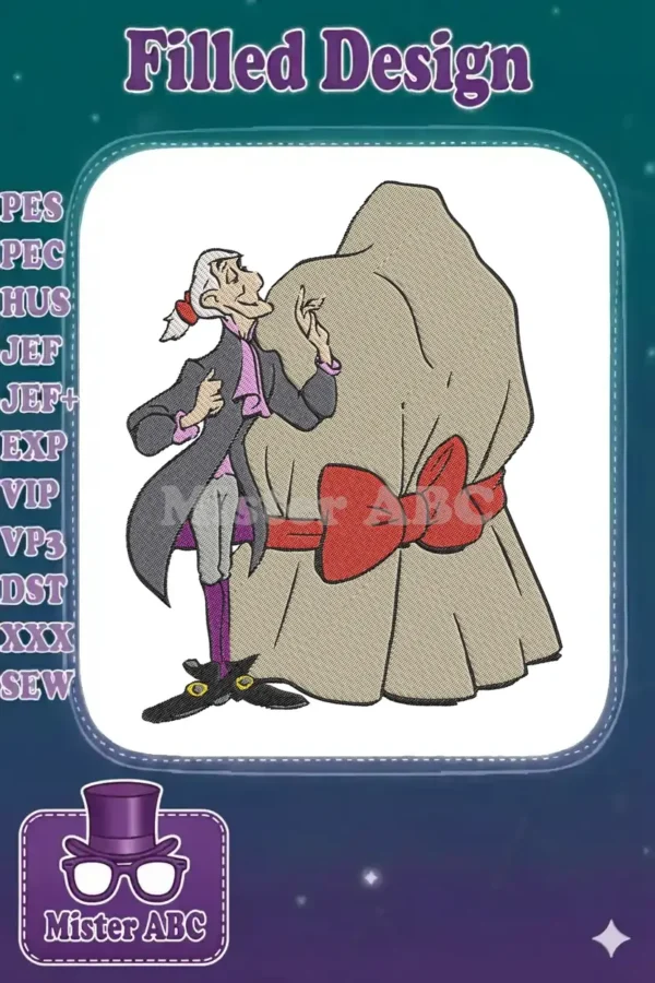 Detailed machine embroidery of Governor Ratcliffe from Disney's Pocahontas, standing beside a large money sack.