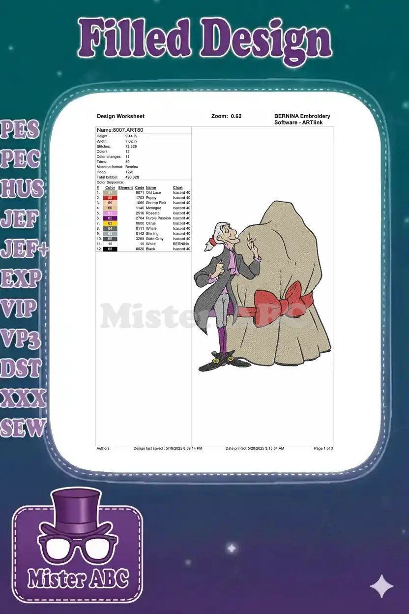 BERNINA Embroidery Design Worksheet for Governor Ratcliffe, showing dimensions, stitch count, and color sequence.