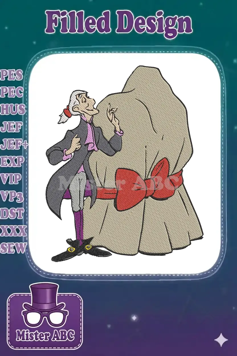 Detailed machine embroidery of Governor Ratcliffe from Disney's Pocahontas, standing beside a large money sack.