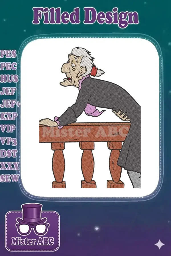 Full-color machine embroidery of Judge Frollo from Hunchback of Notre Dame, leaning on a wooden railing.