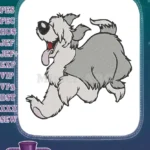 Playful Grey White Shaggy Cartoon Dog Running Embroidery Designs - Instant Download