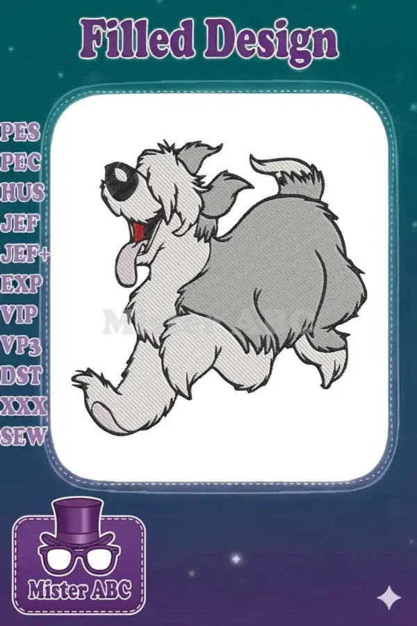 A cheerful, shaggy-haired dog with its tongue out, running playfully, rendered in detailed machine embroidery.