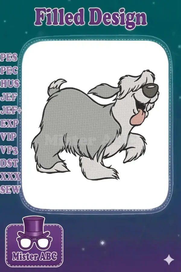 A vibrant embroidery design featuring a playful, shaggy grey dog with floppy ears and a cheerful expression.