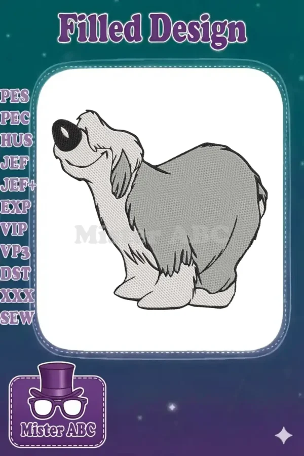 A detailed embroidery design of Colonel, the Old English Sheepdog from Disney's 101 Dalmatians, in a cheerful pose.