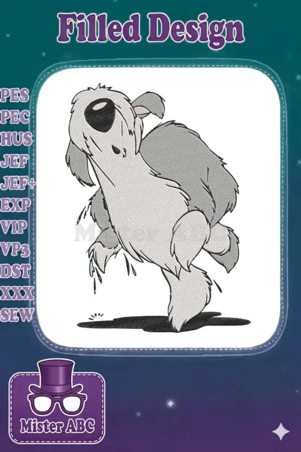 Embroidery design of a shaggy, wet, grey and white dog-like character, Max from The Little Mermaid 2.
