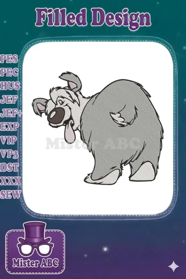 Whimsical embroidery of a playful, shaggy grey cartoon dog, looking back with its tongue out. Perfect for adding fun to apparel.