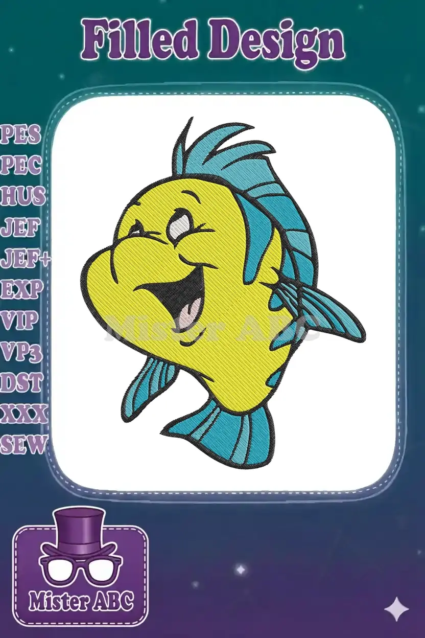Vibrant digital embroidery design of Flounder from Disney's The Little Mermaid, featuring yellow and blue colors.