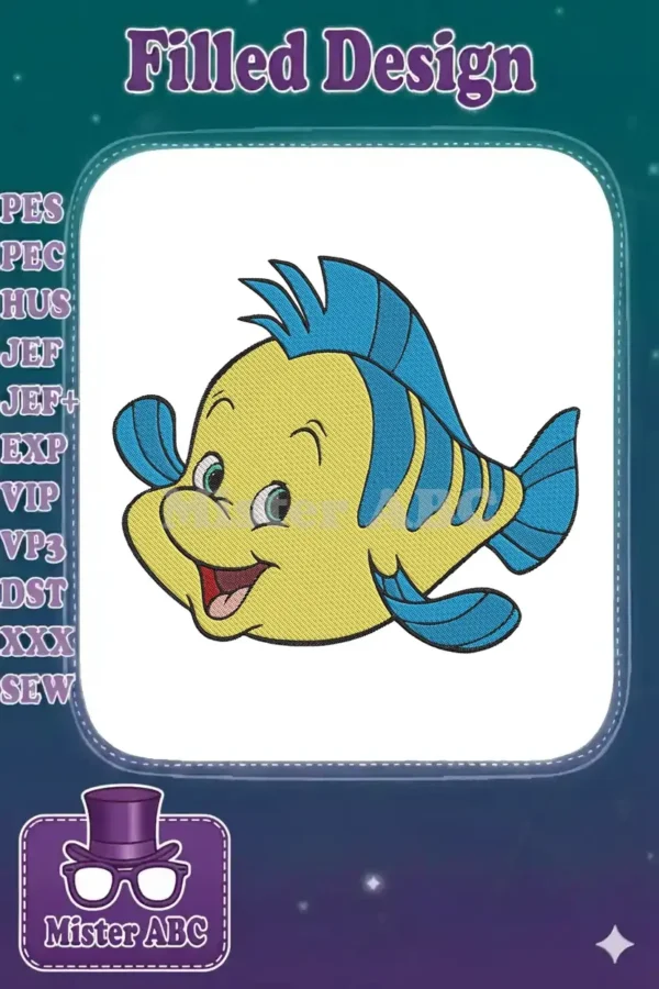 High-quality embroidery design featuring a cheerful Flounder from The Little Mermaid, in yellow and blue.