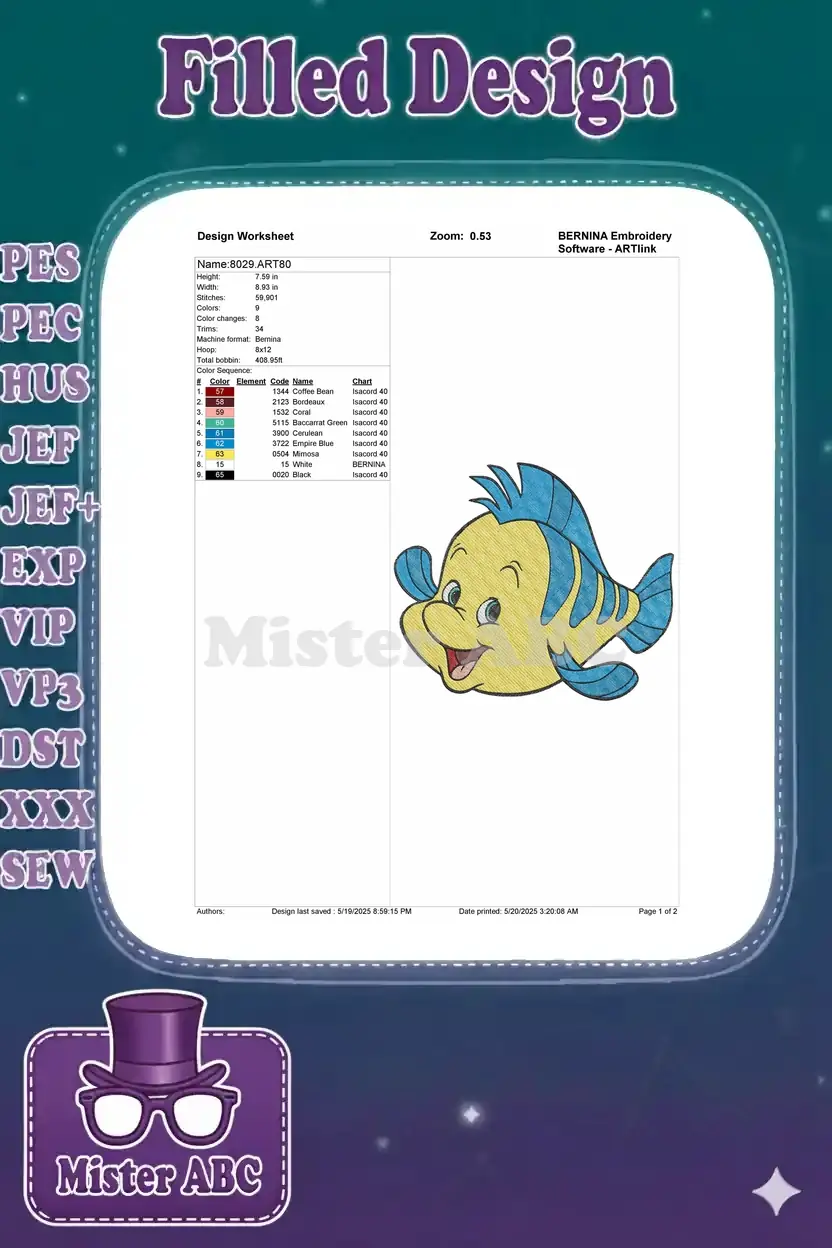 Detailed embroidery design worksheet for Flounder, showing dimensions, stitch count, and color sequence.
