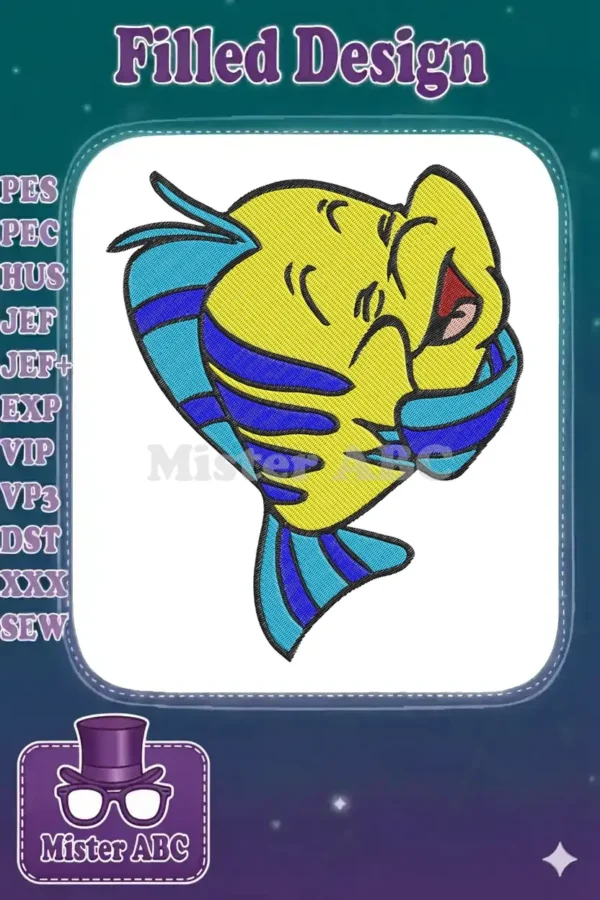 Close-up of a vibrant yellow and blue Flounder fish embroidery design with detailed stitch work and cheerful expression.