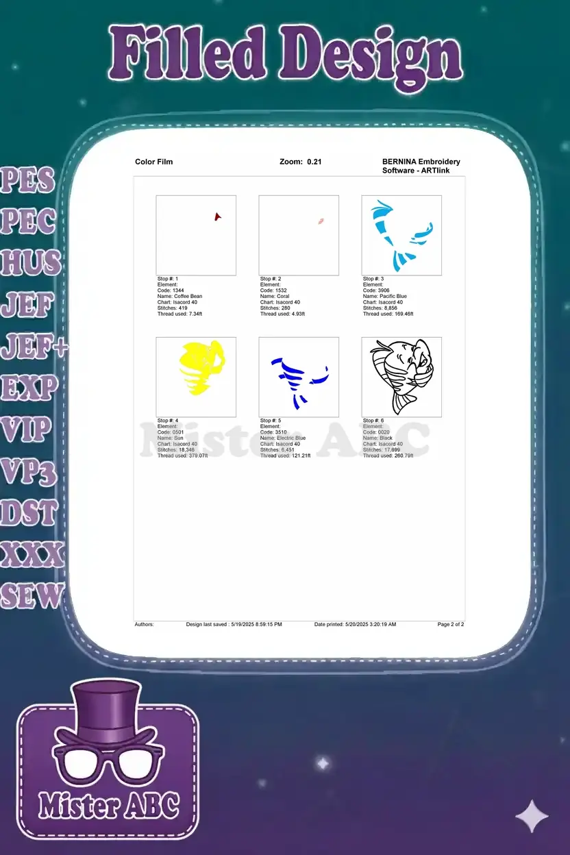 Color film breakdown of the Flounder embroidery design, showing each stitch stop and thread usage details.