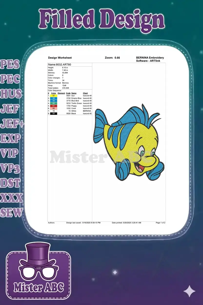 Embroidery design worksheet for Flounder, detailing stitch count, dimensions, color sequence, and thread types.