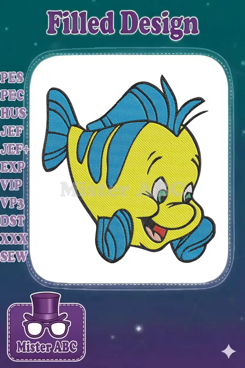 Close-up of a whimsical Flounder embroidery design, featuring bright yellow and blue colors with satin and fill stitches.