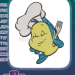 Cute Flounder Chef Fish Holding Fork Embroidery Designs - Instant Download