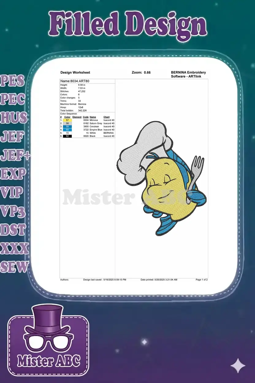 A BERNINA embroidery design worksheet displaying specifications for the Flounder chef design, including dimensions and stitch count.