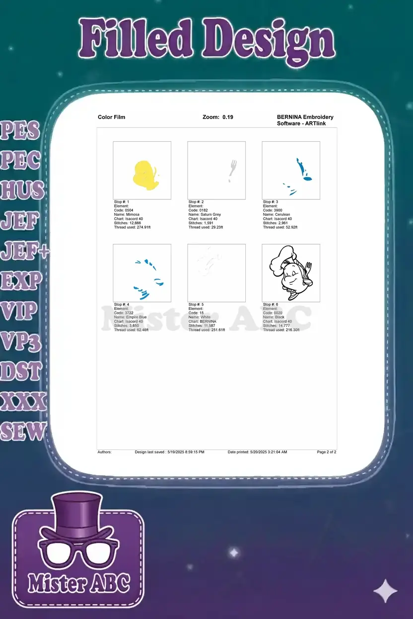 A color film sequence showing the step-by-step stitching process for the Flounder chef embroidery design, by color.