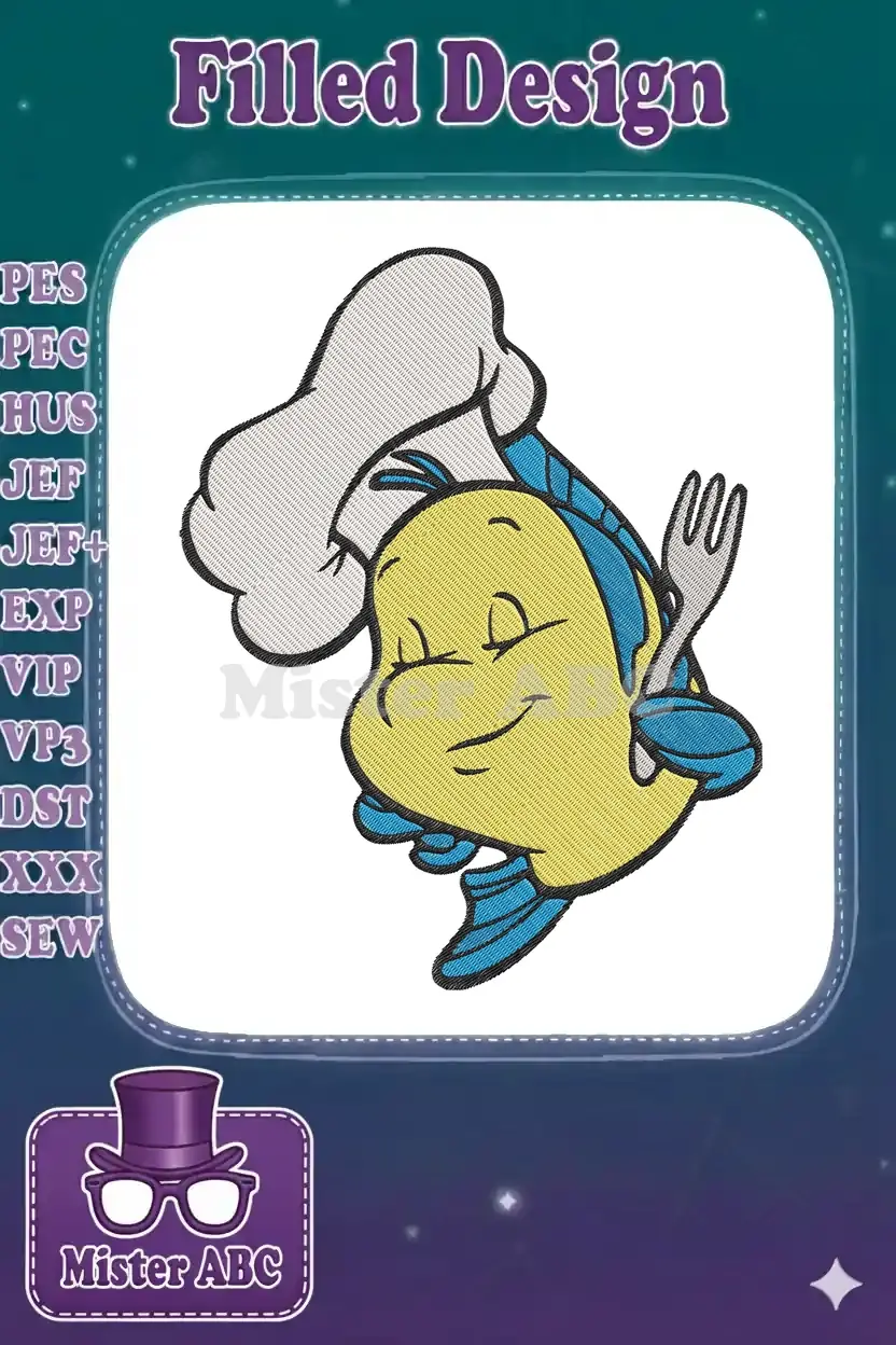 A cheerful Flounder from The Little Mermaid, sporting a chef's hat and holding a fork, in a vibrant embroidery design.