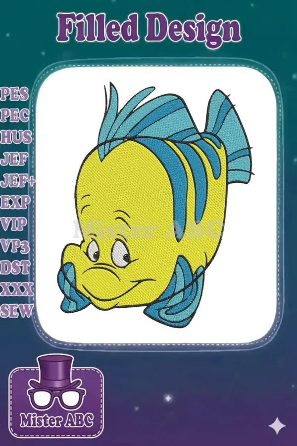 A vibrant yellow and blue embroidered Flounder, the fish character from Disney's The Little Mermaid, facing right.