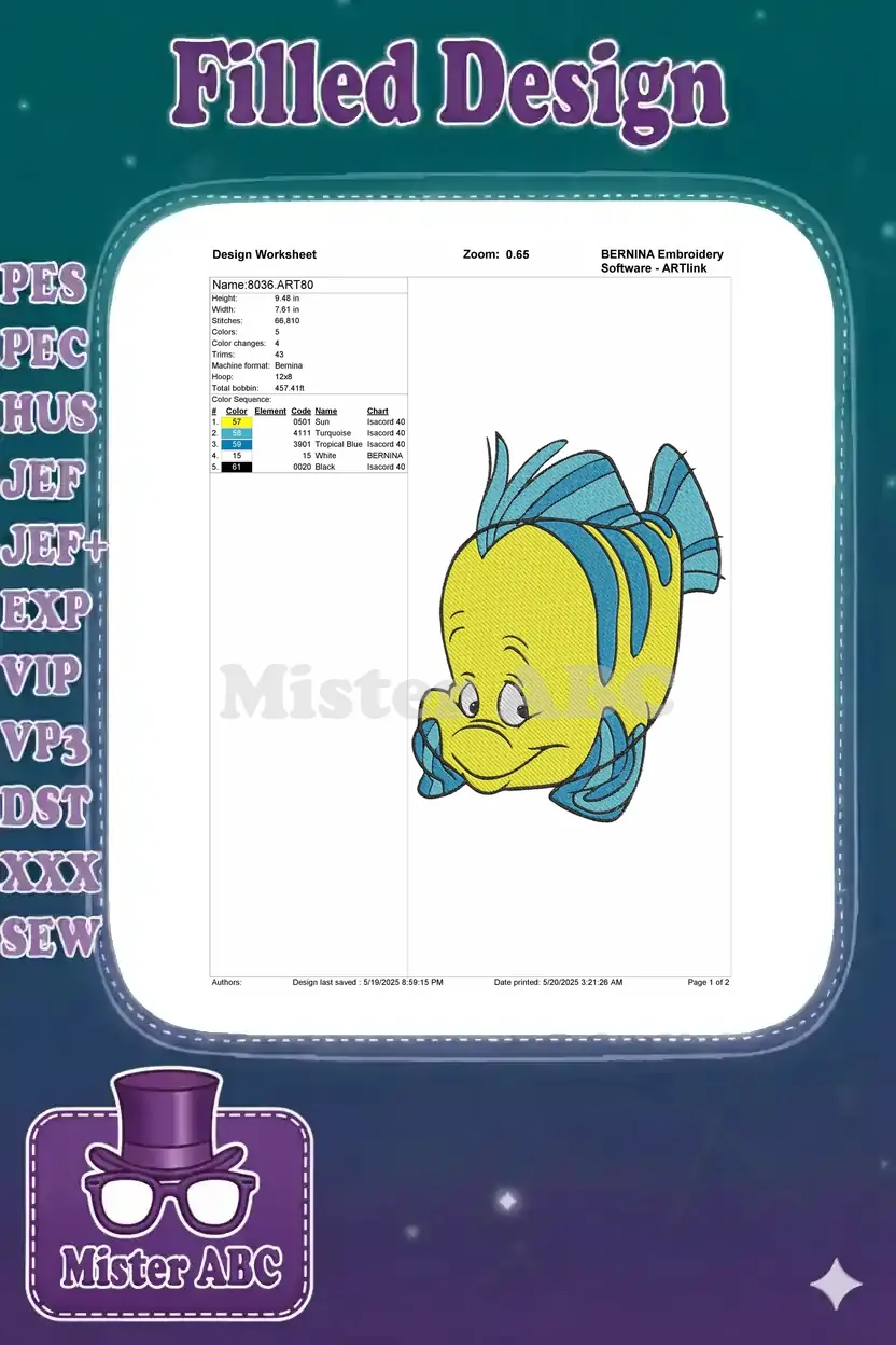 An embroidery design worksheet for Flounder, detailing dimensions, stitch count, color sequence, and thread codes.