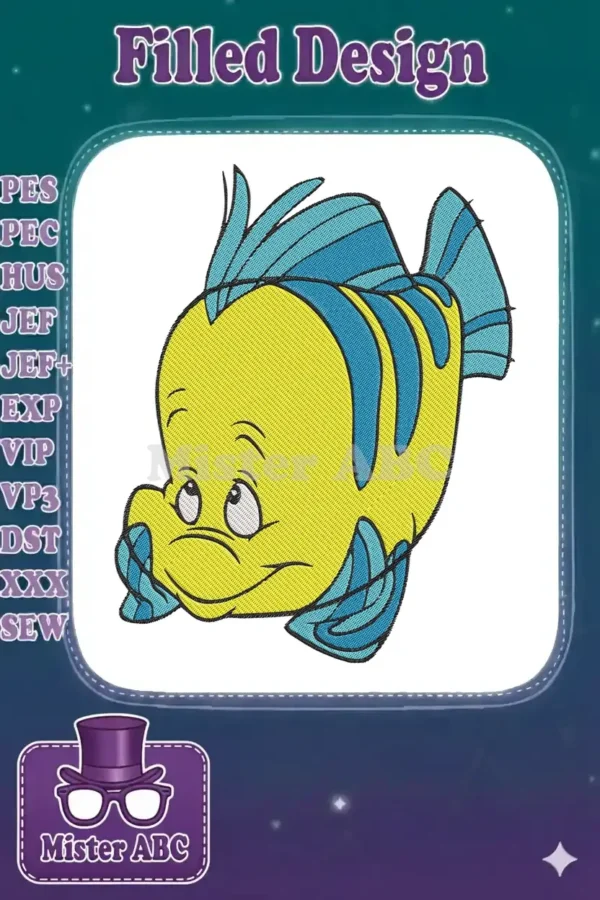 Vibrant embroidery design of Flounder, Ariel's best friend, featuring bright yellow and blue colors.