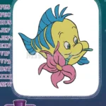 Cute Flounder yellow and blue fish with pink flower embroidery designs - Instant Download