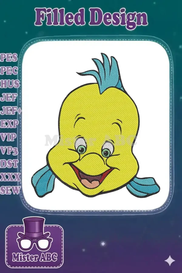 A close-up of a cheerful yellow and blue Flounder fish embroidery design, featuring vibrant colors and detailed stitching.