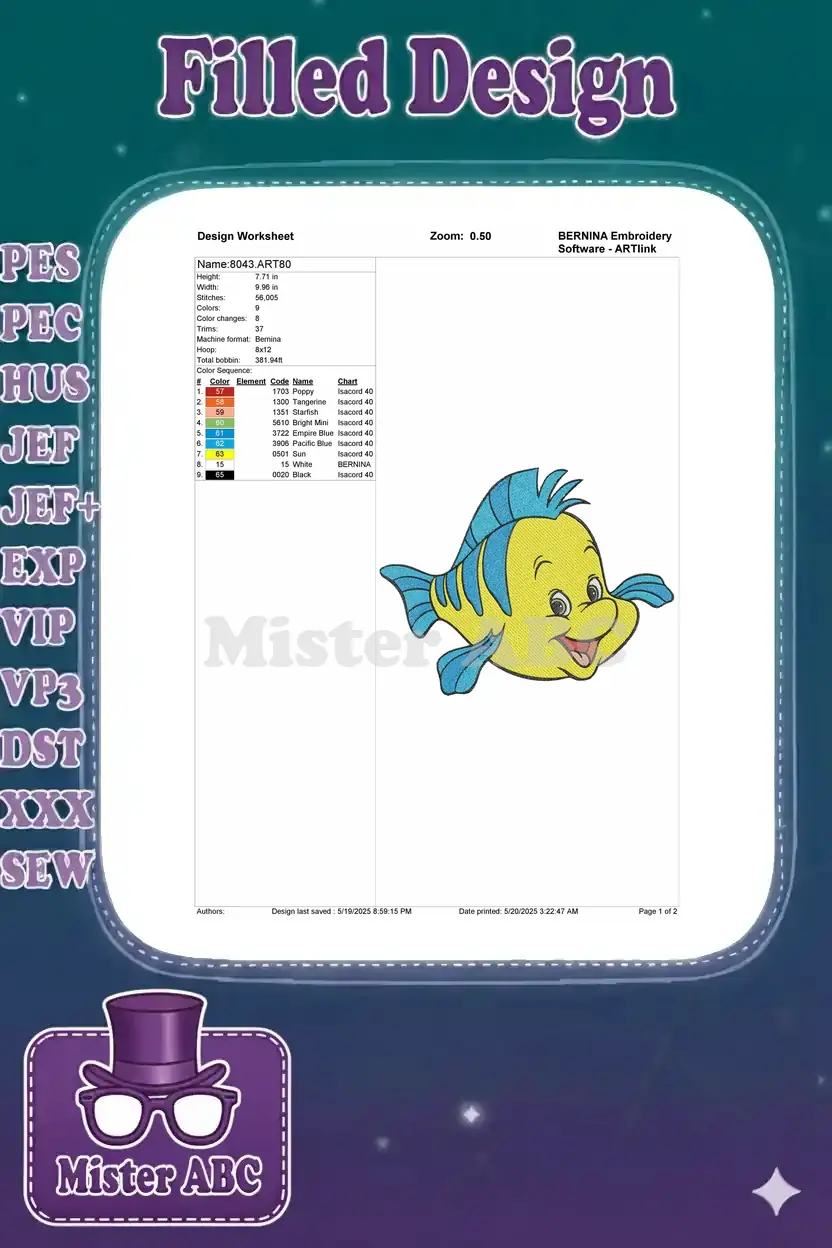 Embroidery design worksheet for Flounder, showing dimensions, stitch count, color sequence, and thread details.