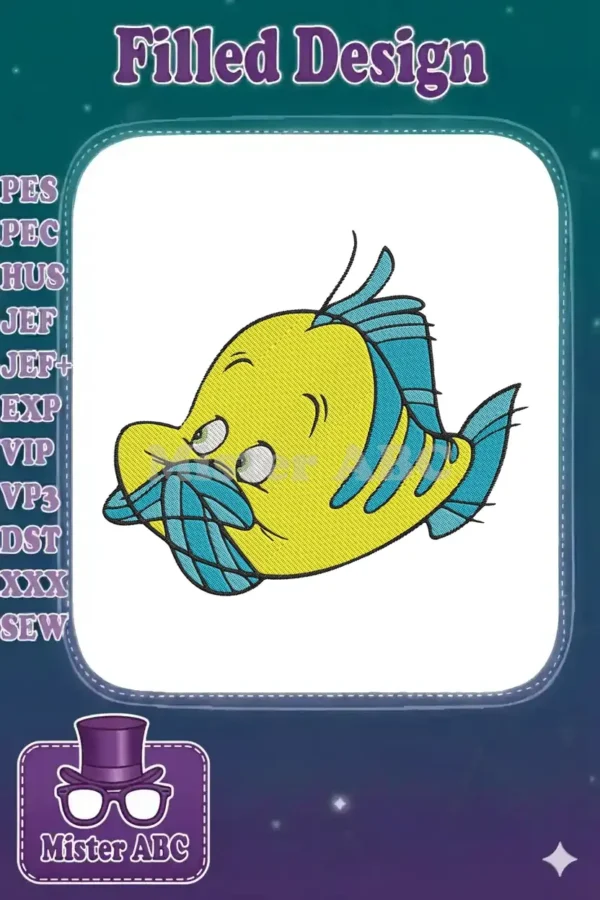 Detailed embroidery design of Flounder from The Little Mermaid, featuring his iconic yellow and blue colors.
