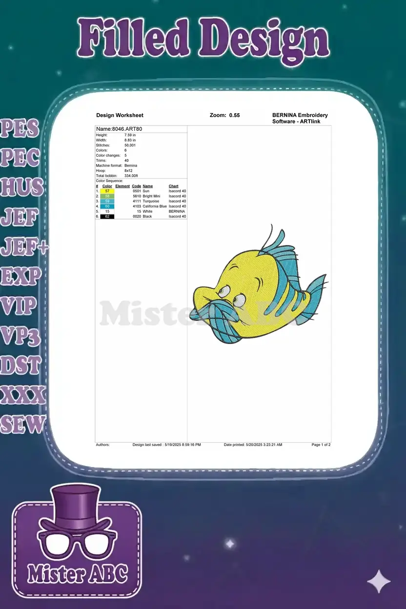 Embroidery design worksheet for Flounder, detailing stitch count, dimensions, colors, and machine format.