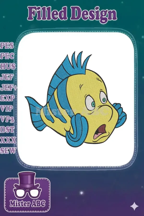 Vibrant embroidery design featuring Flounder from The Little Mermaid, wide-eyed and surprised, with yellow body and blue fins.