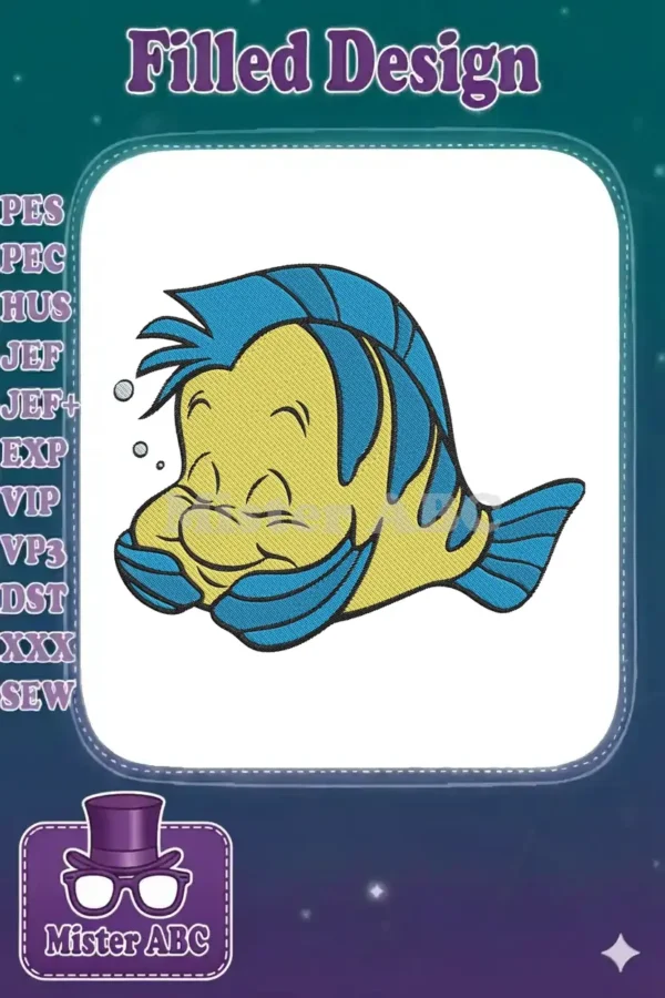 Close-up of a cheerful Flounder embroidery design, featuring vibrant yellow and blue fill stitches on a white background, perfect for apparel and accessories.