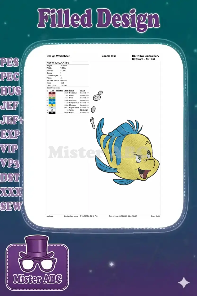 Embroidery design worksheet for Flounder, detailing dimensions, stitch count, color sequence, and thread information.