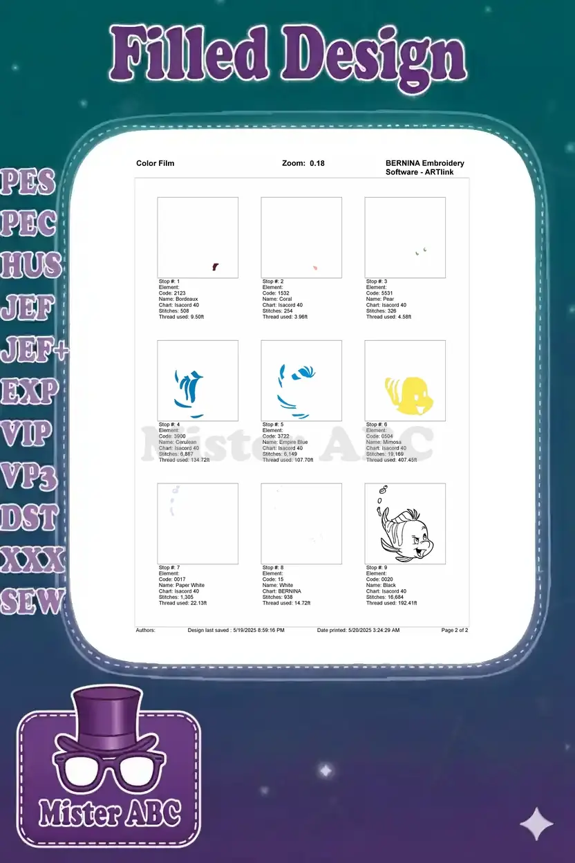 Color film breakdown of the Flounder embroidery design, showing the precise stitching order for each color element.