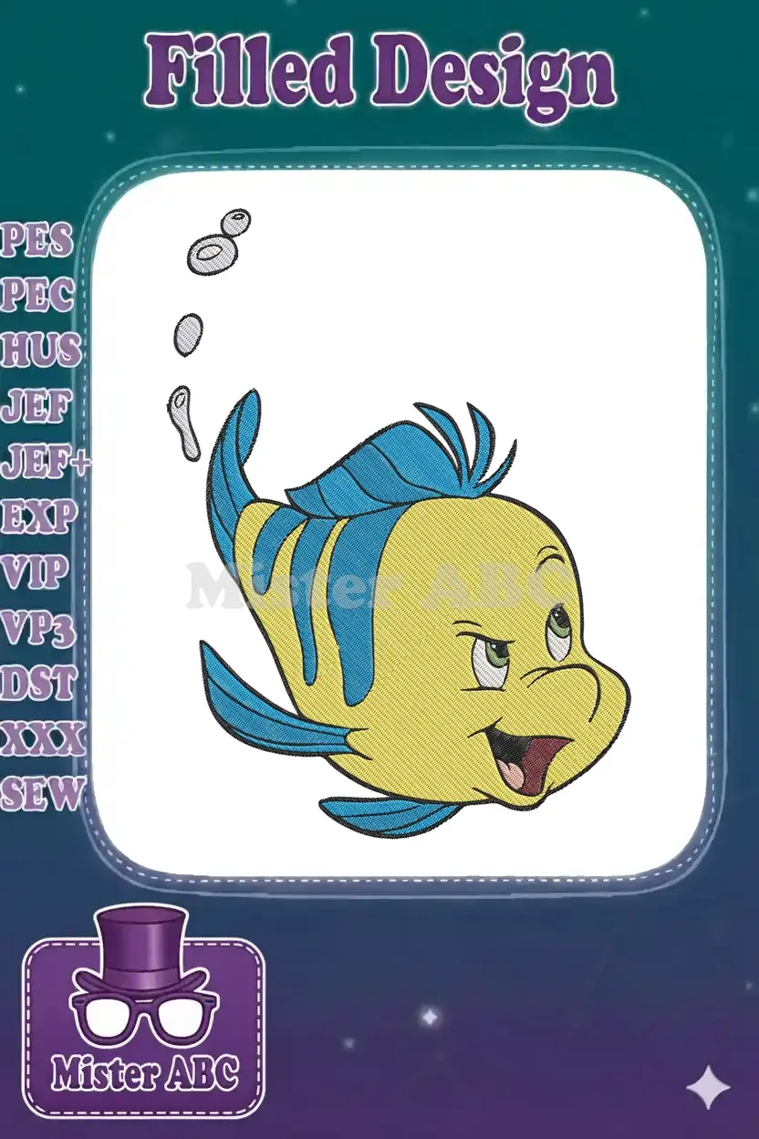 A vibrant embroidery design of Flounder, the cheerful fish from Disney's The Little Mermaid, with detailed stitching and playful bubbles.