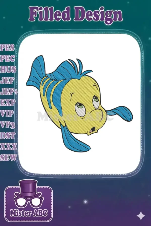 A delightful embroidery design of Flounder from Disney's The Little Mermaid, featuring bright yellow and blue hues.