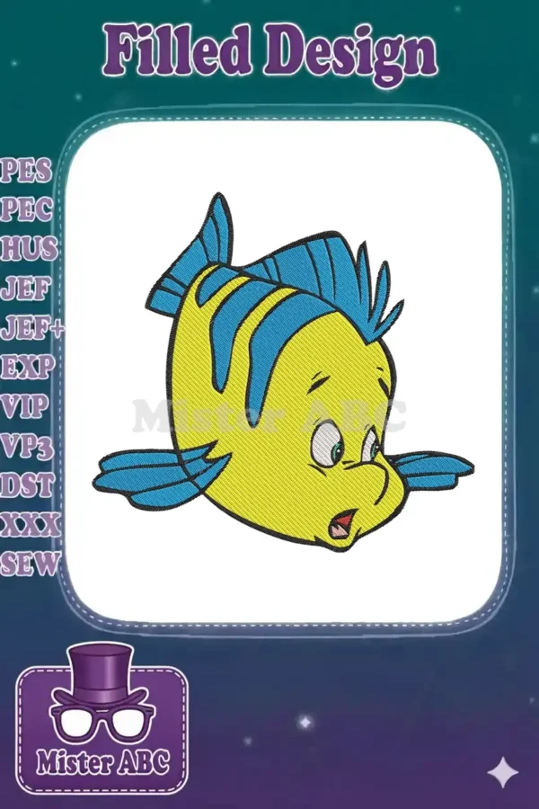 A vibrant embroidery design of Flounder from Disney's The Little Mermaid, featuring yellow and blue colors.