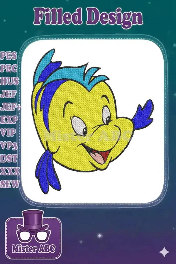 Close-up of a cheerful Flounder embroidery design, featuring bright yellow, blue, and black outlines on white.