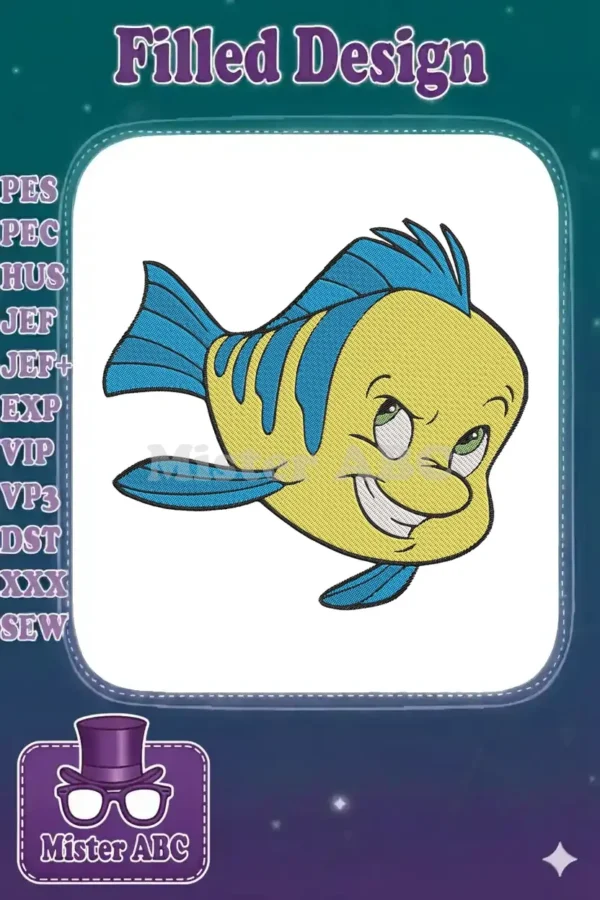 Vibrant embroidery of Flounder, the cheerful yellow and blue fish from Disney's The Little Mermaid, smiling.