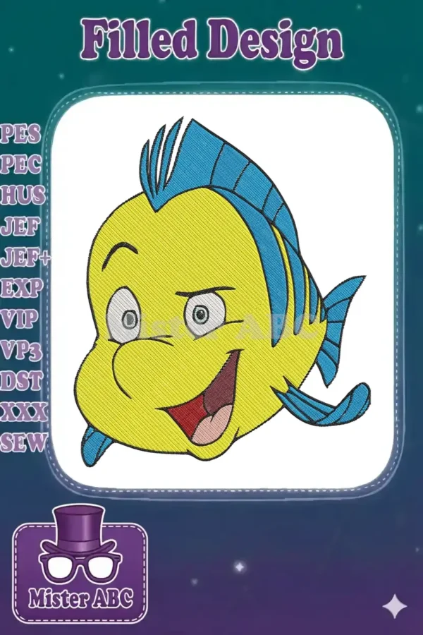 Close-up of a vibrant embroidery design featuring Flounder, the yellow and blue fish from The Little Mermaid, with a happy expression.