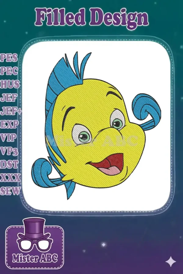 Close-up of a cheerful Flounder embroidery design, featuring bright yellow and blue thread with intricate details.