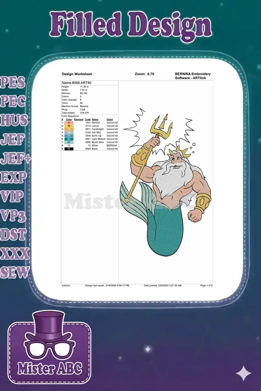 An embroidery design worksheet for King Triton, detailing dimensions, stitch count, color sequence, and thread types.