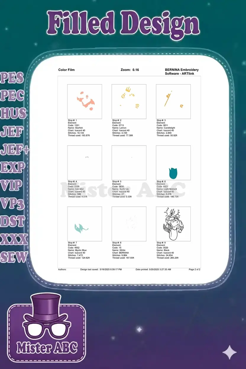 A color film breakdown of the King Triton embroidery design, showing each stitch stop and thread usage.