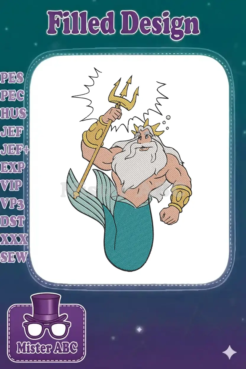 A vibrant embroidery design of King Triton from Disney's Little Mermaid, holding his golden trident with a powerful stance.