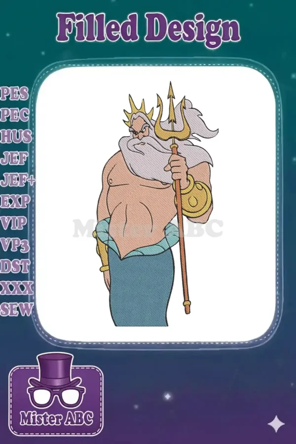 A vibrant embroidery design of King Triton, wielding his golden trident, ready to rule the underwater kingdom.